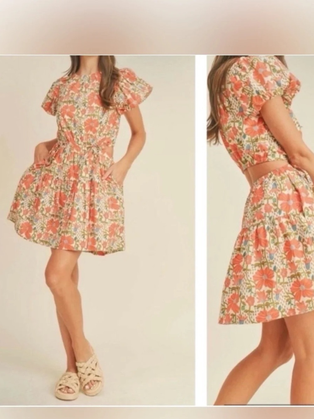 &Merci Coral Floral Puff-Sleeve Tiered Mini Dress nwt